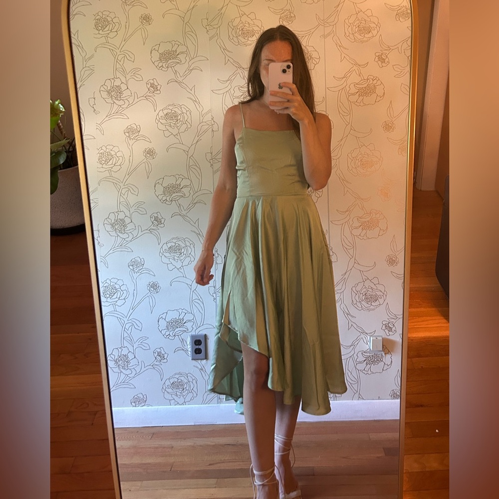 NWT Lulu's Sage Satin Asymmetrical Tie-Back Midi Dress